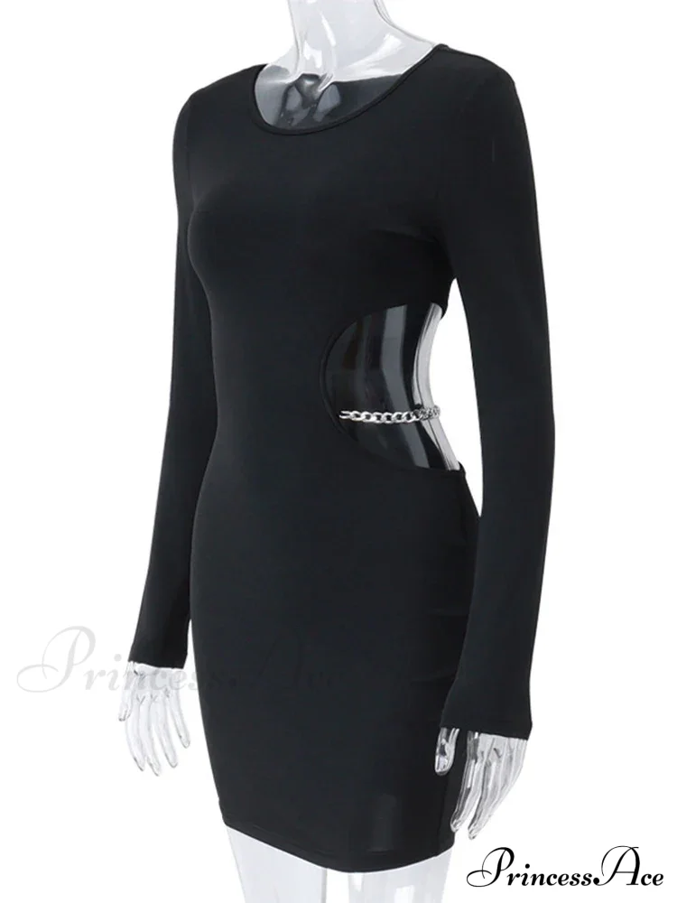 Waist Hollowed Black Long Sleeves Mini Dress - Image 5