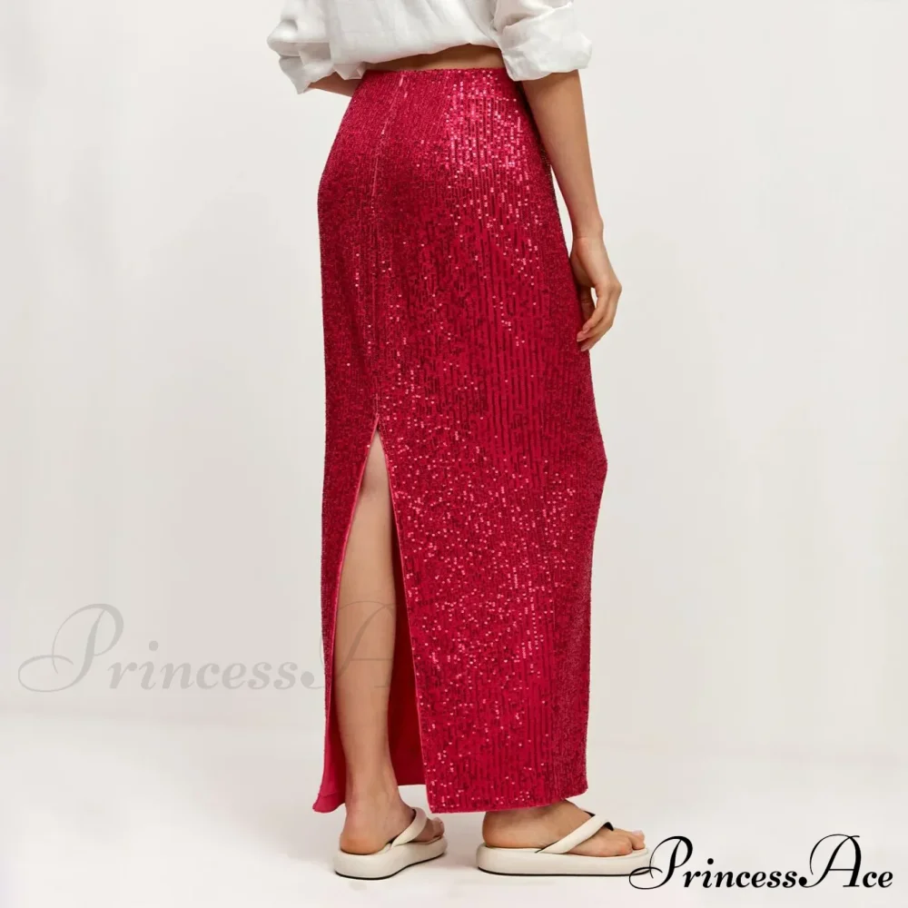 Khaki Sequins Long High Waist Slit Skirt - Image 6