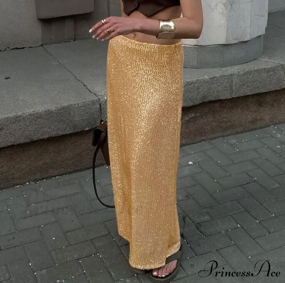 Khaki Sequins Long High Waist Slit Skirt - Image 8