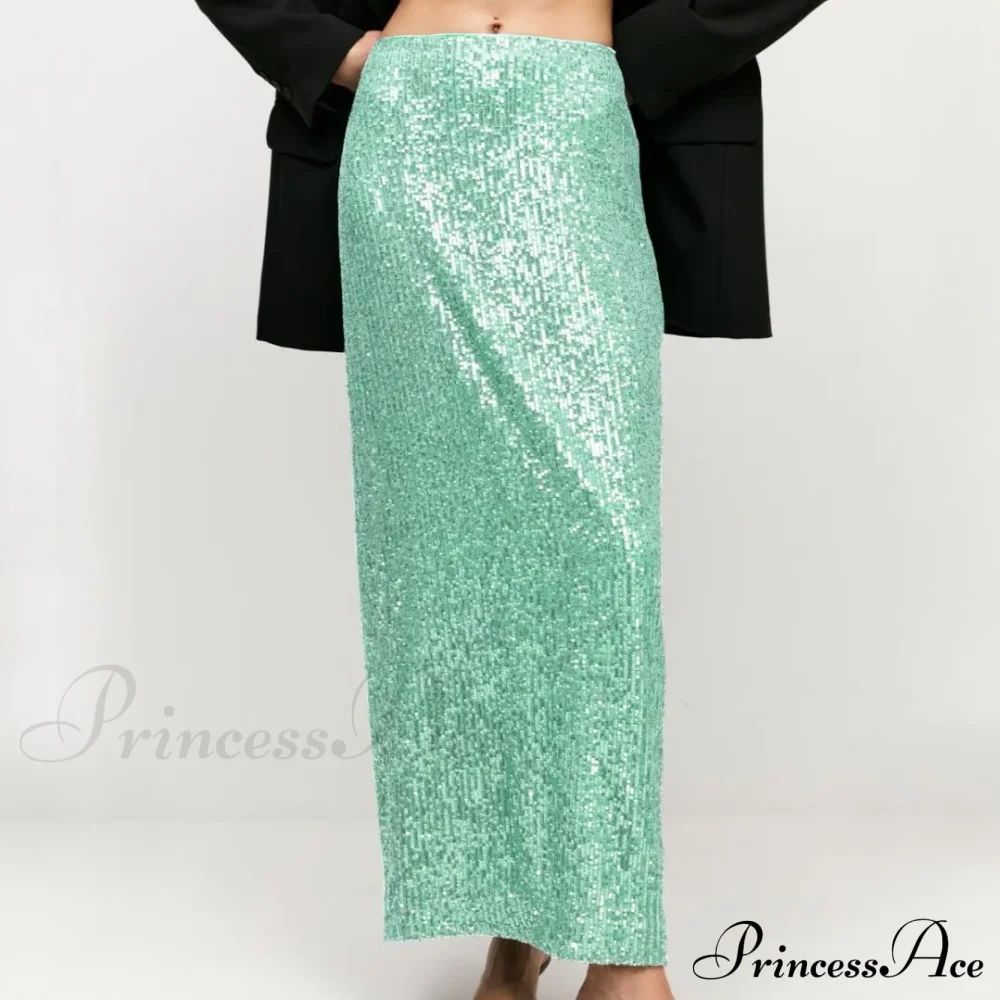 Khaki Sequins Long High Waist Slit Skirt - Image 9