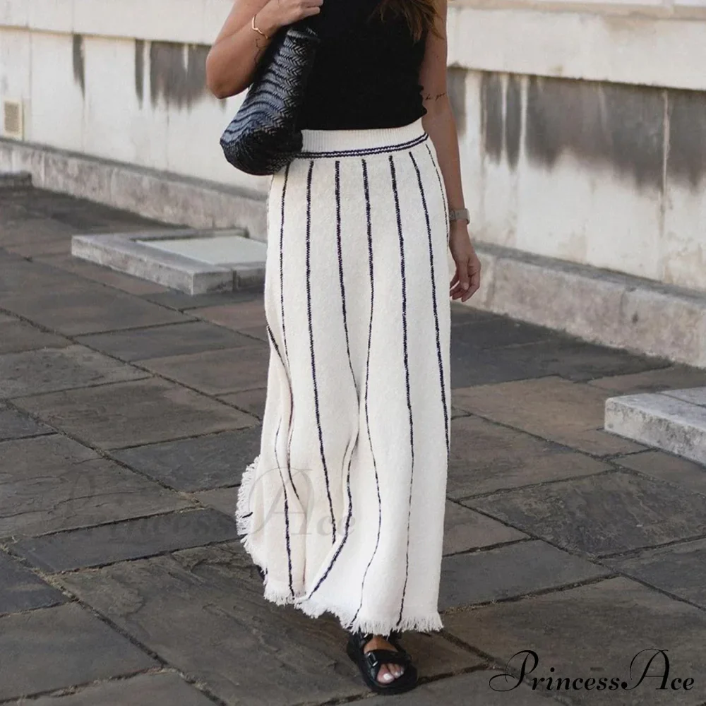 Striped Casual Vintage Elastic Waist Tassel Skirt - Image 2