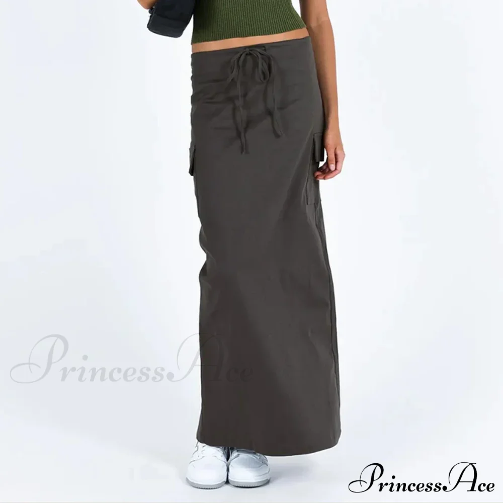 Y2K Cargo Drawstring Bodycon Slit Maxi Skirt - Image 6