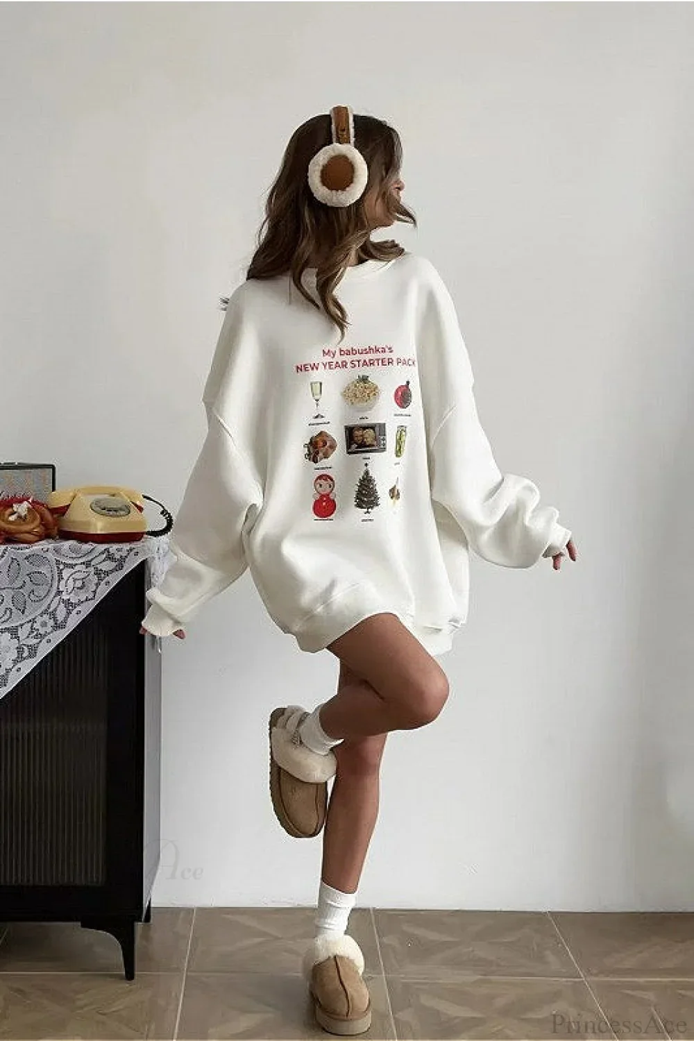 Crew Neck Cartoon Print Fleece Lined Sweatshirt - Image 3