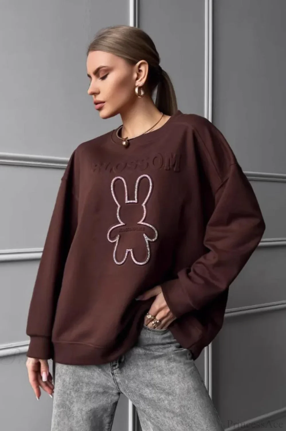 Crew Neck Chic Oversized Embossed Rabbit Sweatshirt - Image 6