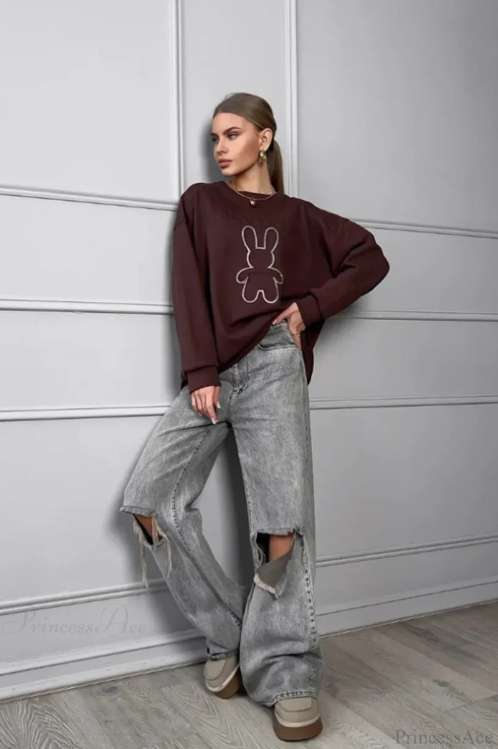 Crew Neck Chic Oversized Embossed Rabbit Sweatshirt - Image 8