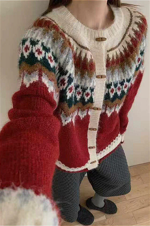 Crew Neck Fair Isle Horn Button Knit Cardigan - Image 3