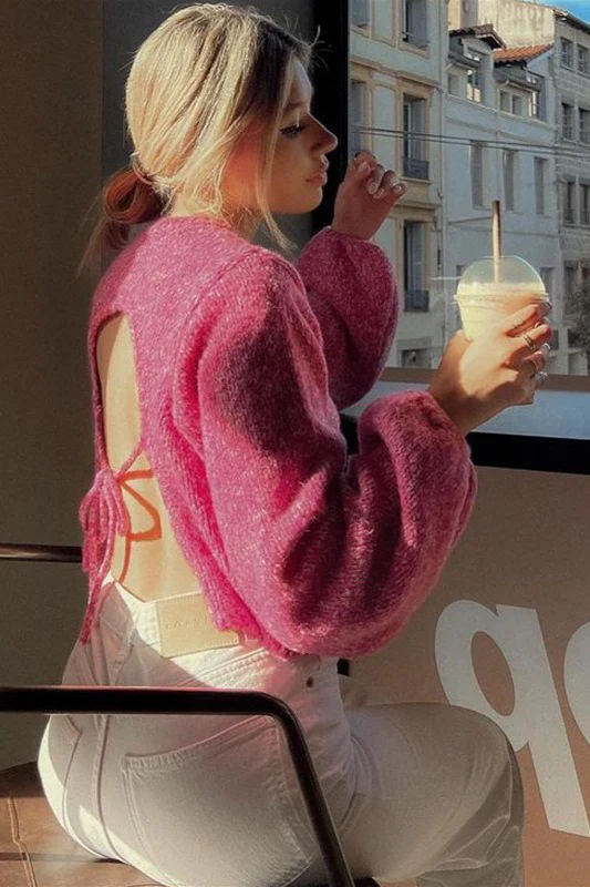 Crew-Neck Long-Sleeve Backless Tie-Knit Short Sweater - Image 5