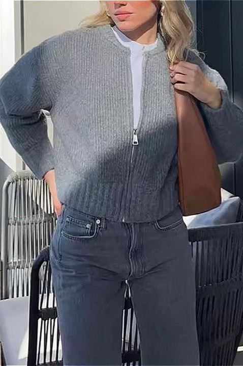 Crew-Neck Long-Sleeve Zip Solid Knit Cardigan - Image 4