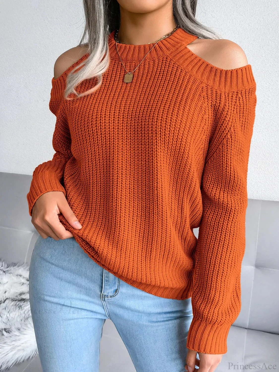 Crew Neck Off Shoulder Long Sleeve Sweater - Image 5
