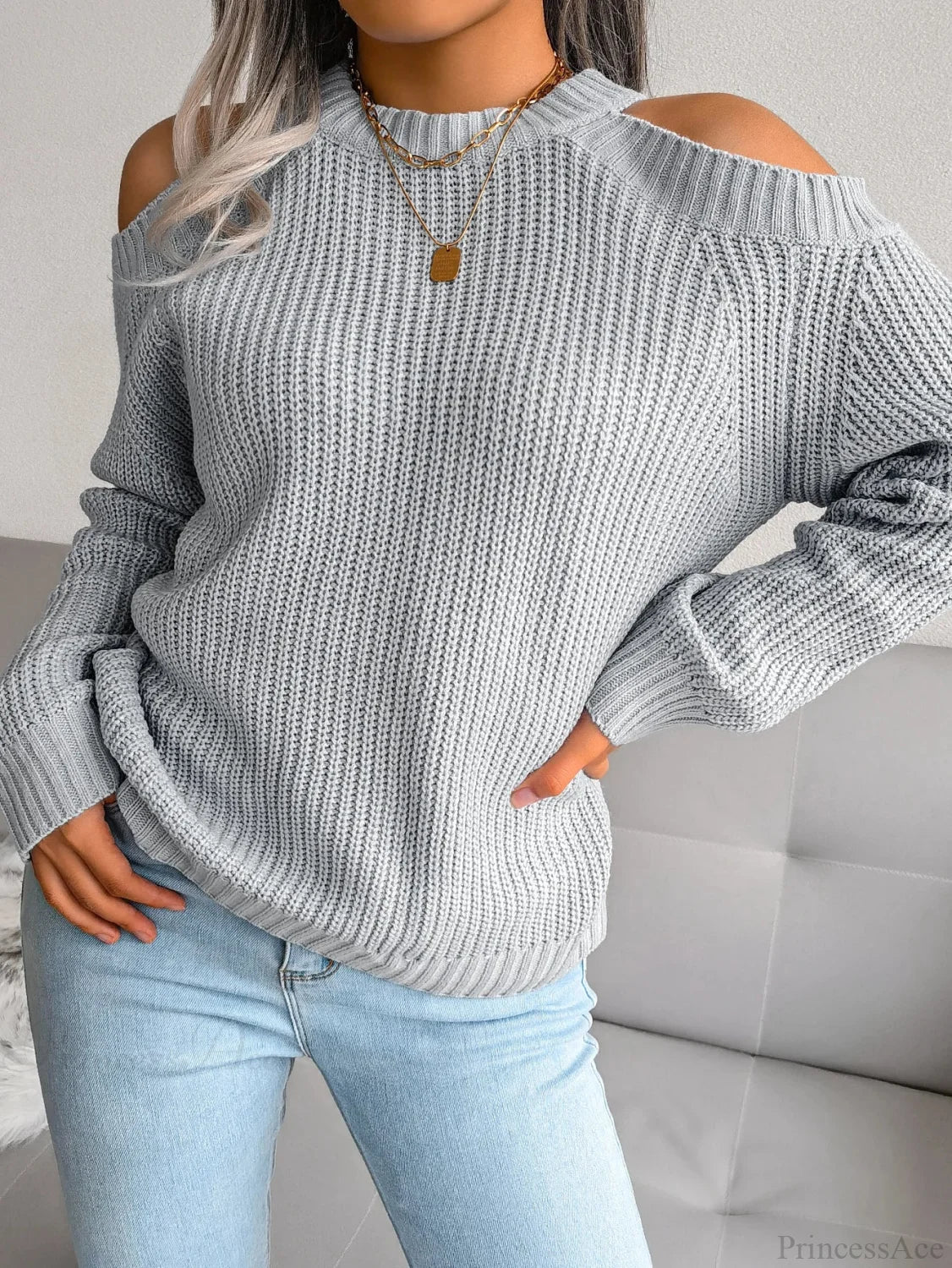 Crew Neck Off Shoulder Long Sleeve Sweater - Image 8