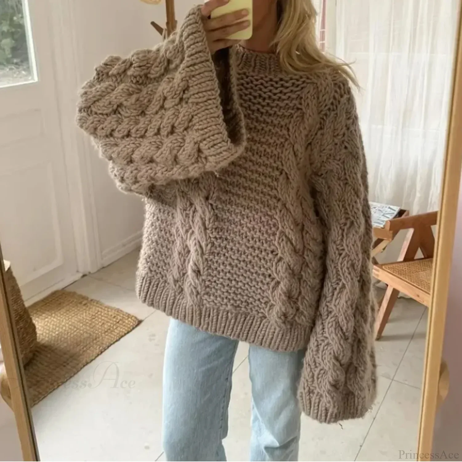 Crewneck Flared Sleeve Fuzzy Sweater - Image 2