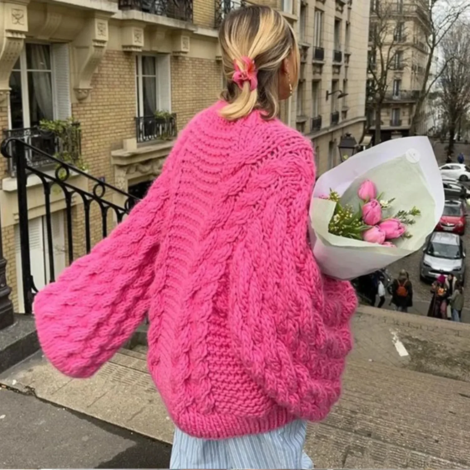 Crewneck Flared Sleeve Fuzzy Sweater - Image 3