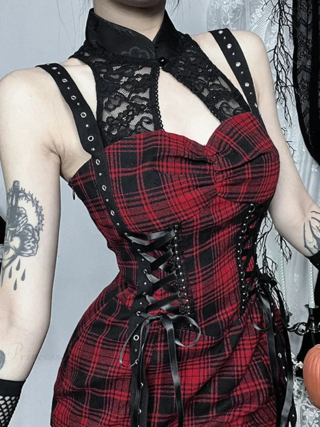 Crimson Tartan Lace Patchwork Full-Length Gown - Image 2