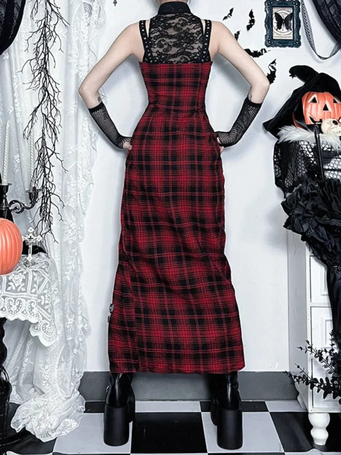 Crimson Tartan Lace Patchwork Full-Length Gown - Image 3