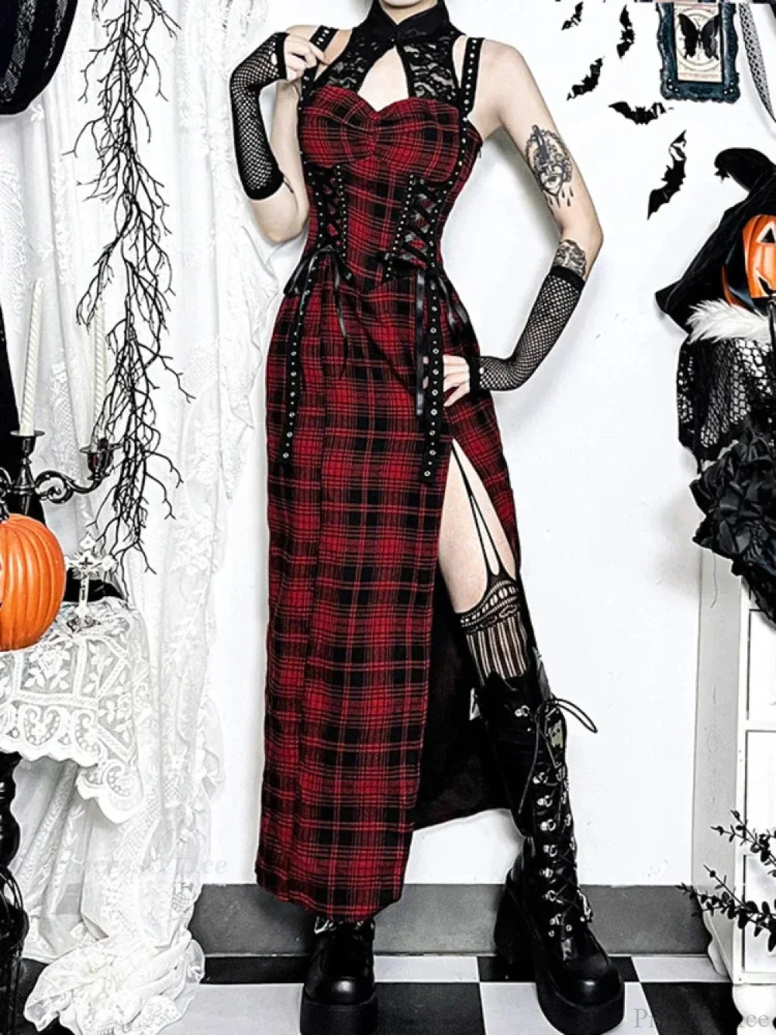 Crimson Tartan Lace Patchwork Full-Length Gown - Image 4