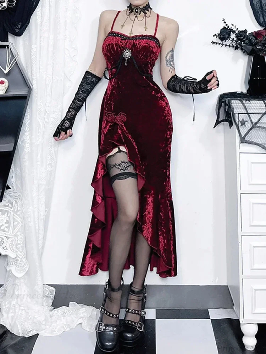 Crimson Velvet Separated Spaghetti Strap Midi Dress - Image 4