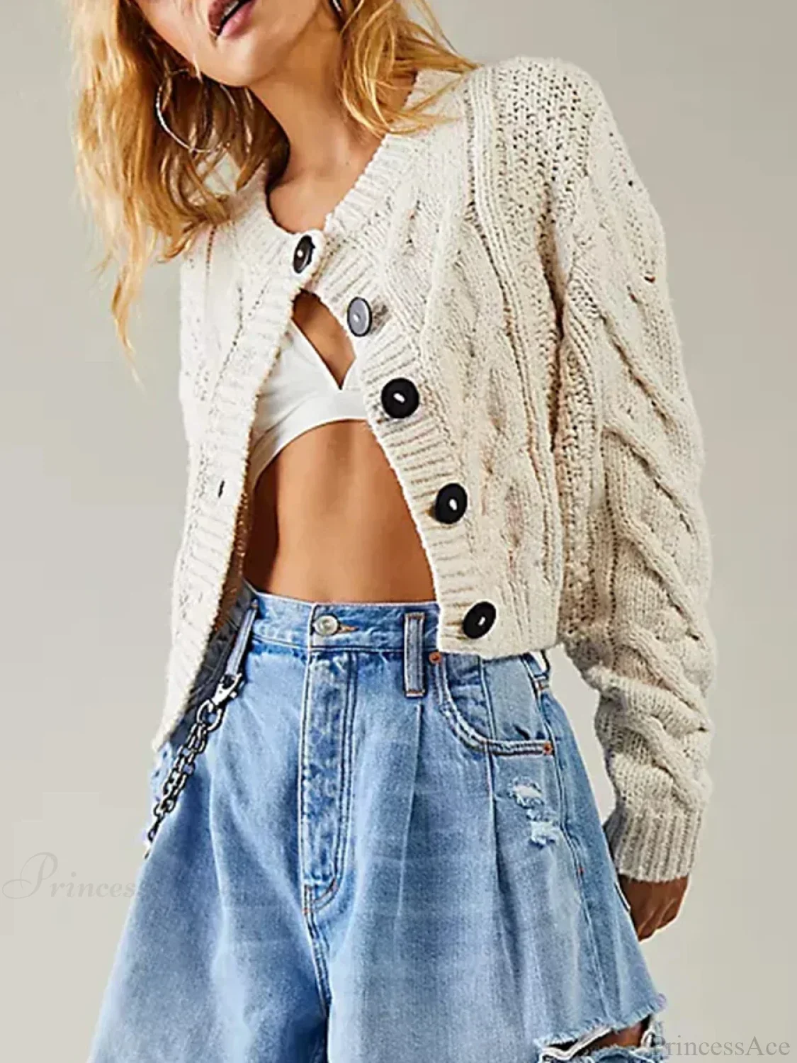 Cropped Cable Knit Button-Down Cardigan - Image 2