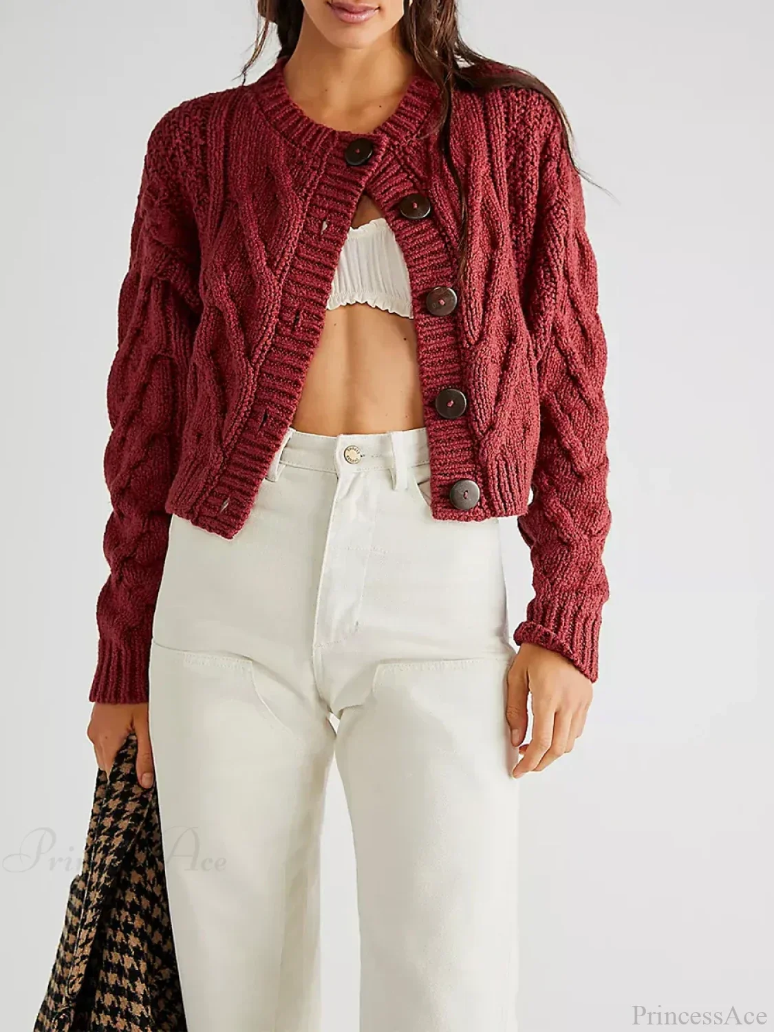 Cropped Cable Knit Button-Down Cardigan - Image 4