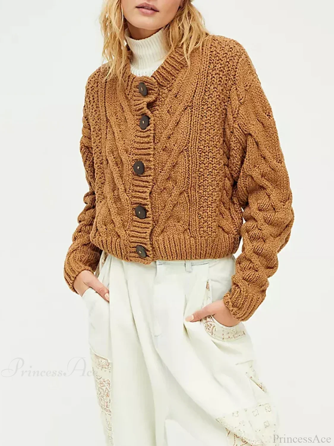 Cropped Cable Knit Button-Down Cardigan - Image 5