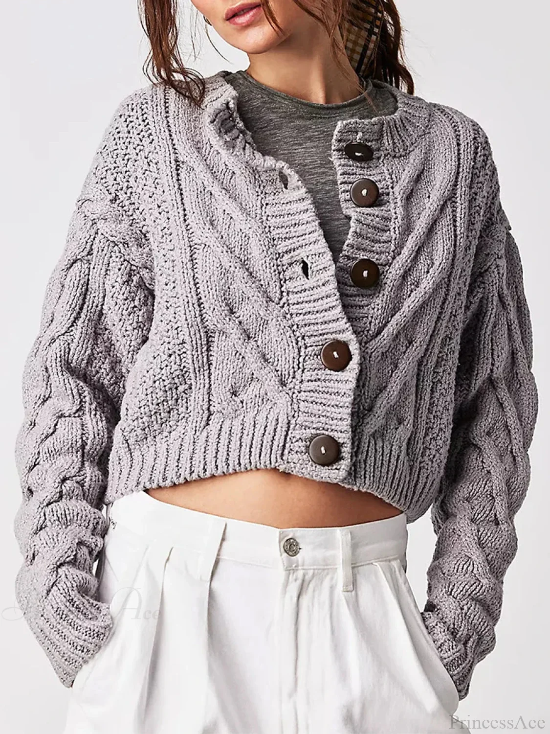 Cropped Cable Knit Button-Down Cardigan - Image 6