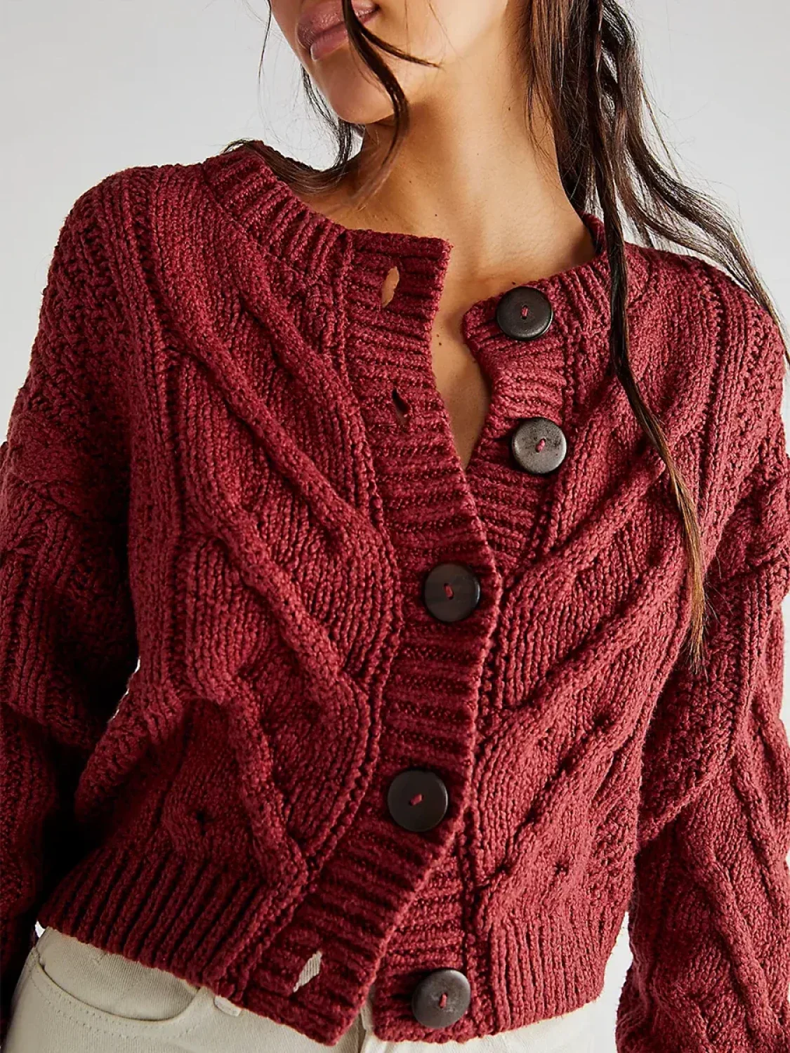 Cropped Cable Knit Button-Down Cardigan - Image 8