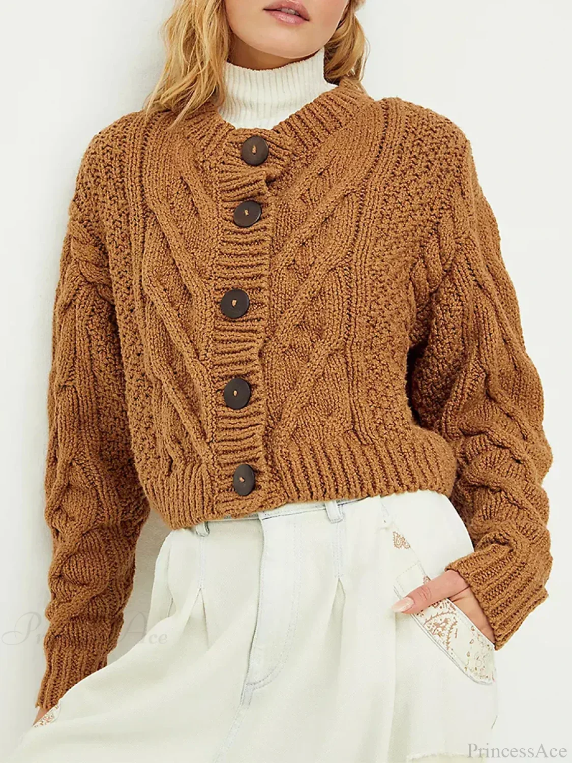Cropped Cable Knit Button-Down Cardigan - Image 9