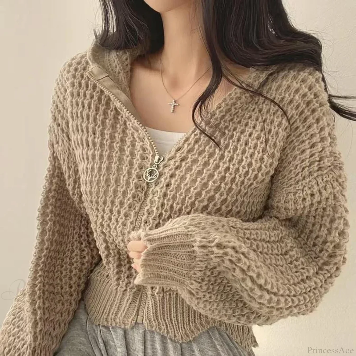 Cropped Hooded Hollow Out Knit Cardigan - Image 4