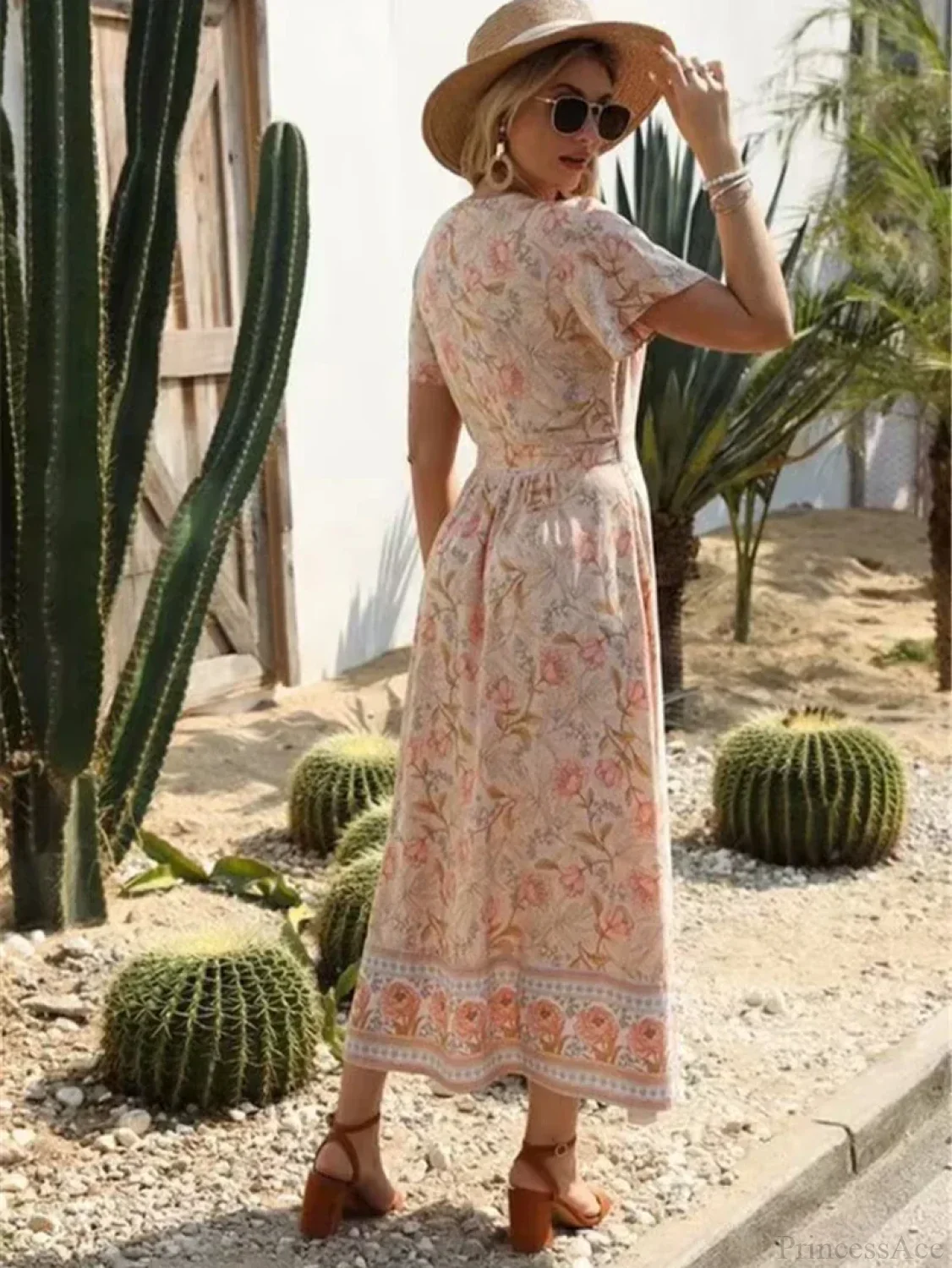 Cross V-neck Ruffles Boho Pleated Dress - Image 2
