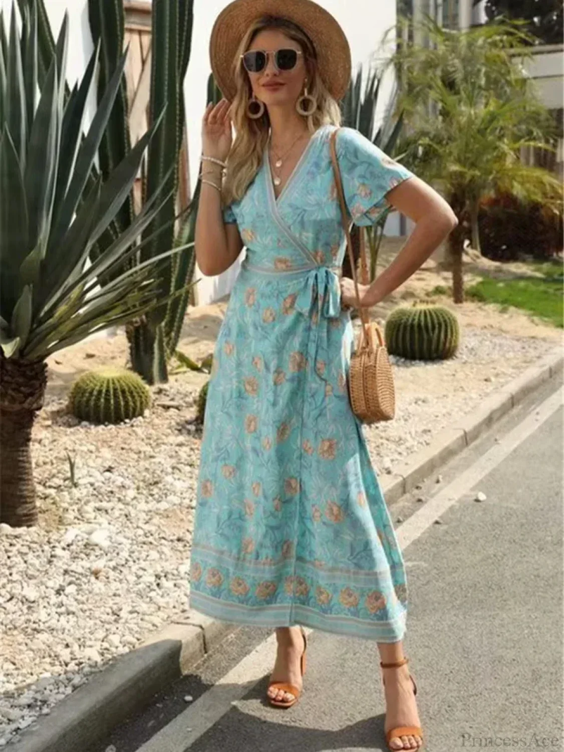Cross V-neck Ruffles Boho Pleated Dress - Image 3