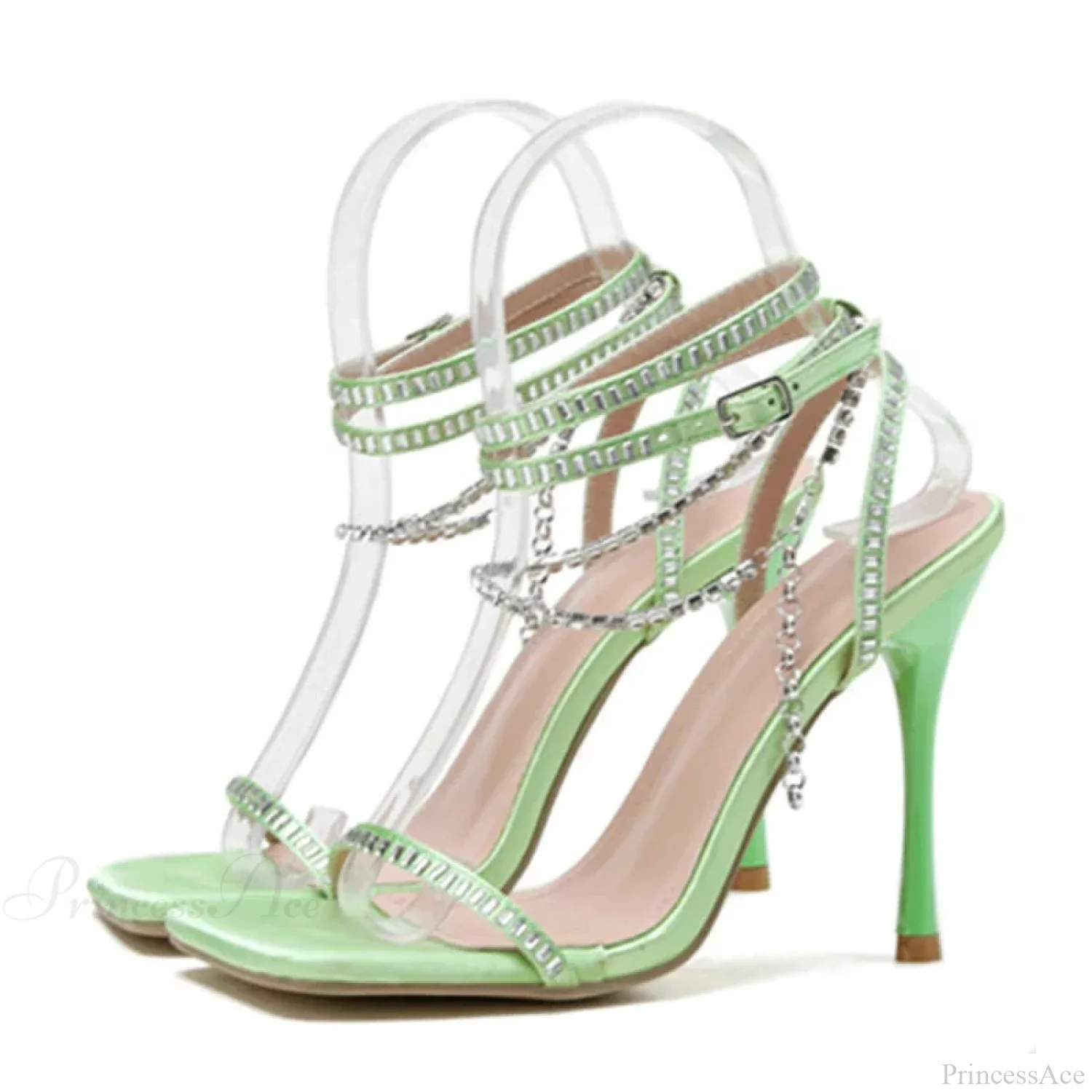 Crystal Chain Ankle-Strap Square-Toe Sexy Party Wedding Rhinestone Summer High Heel - Image 3