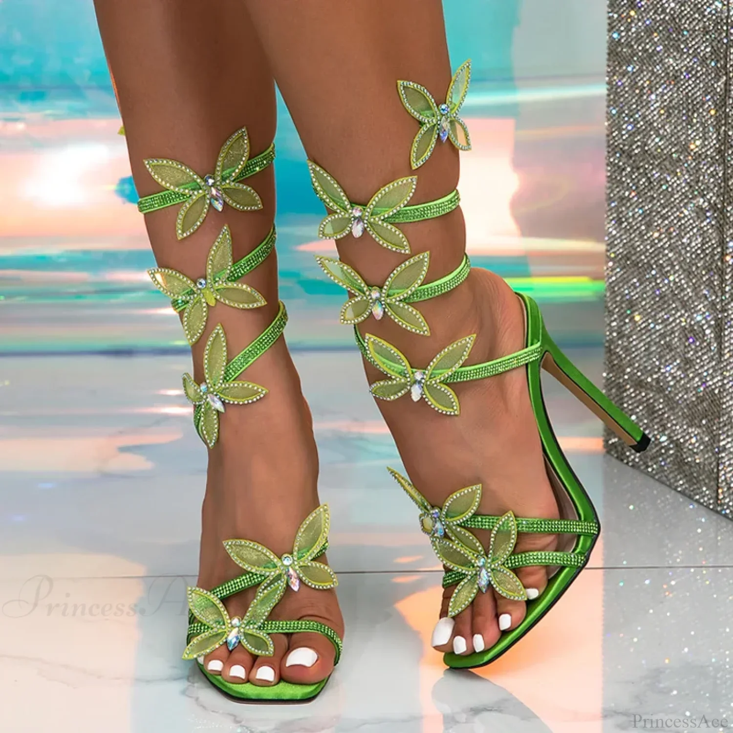CrystalFashion Elegant Green Square-Toe Wedding Banquet Sexy Butterfly Ankle-Strap Sandals High Heel - Image 8