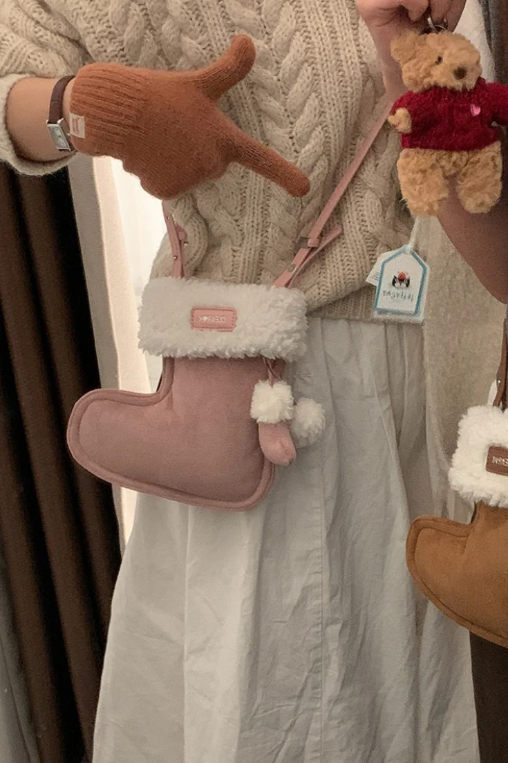Cute Boot Shape Suede Fuzzy Crossbody Bag Mini Phone Bag - Image 12