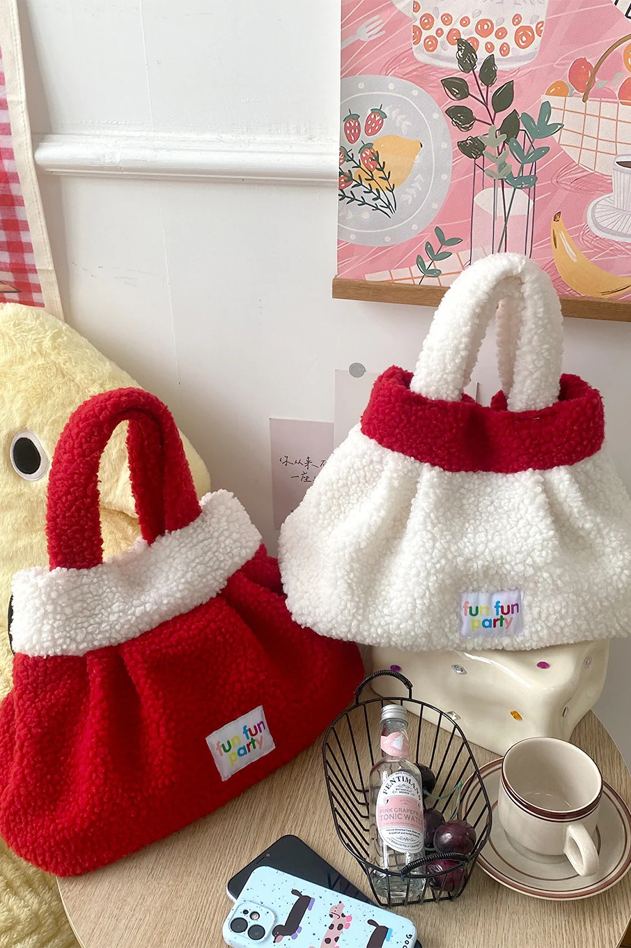 Cute Fuzzy Lamb Wool Handheld Bento New Year Gift Bag - Image 4