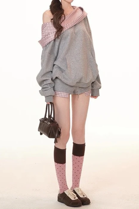 Cute Plaid PatchworkOff-the-shoulder Oversized Two Piece Set - Image 3