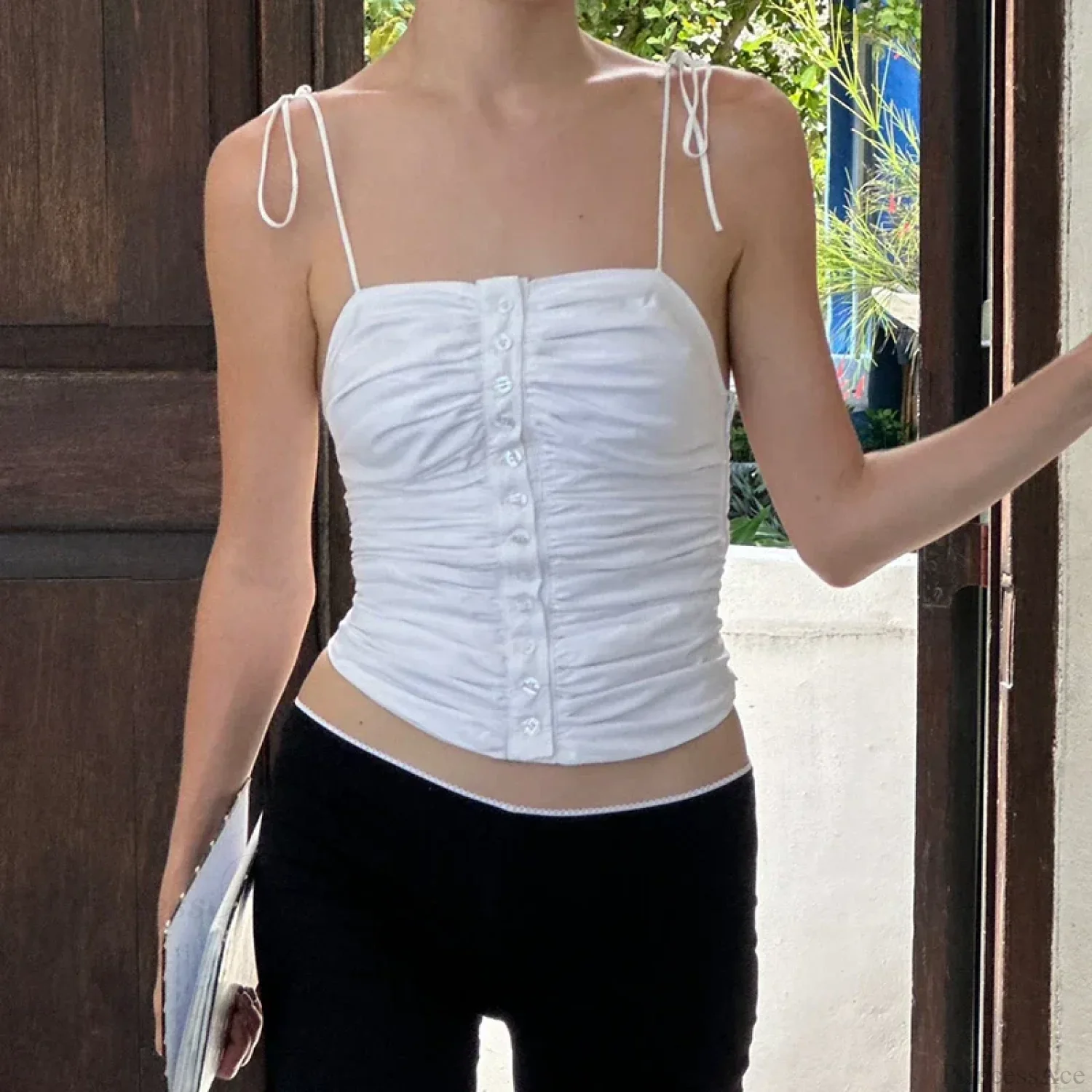 Cutest Backless Summer White Tank Vintage Buttons Ruched Tie-Up Y2K Crop Top - Image 2