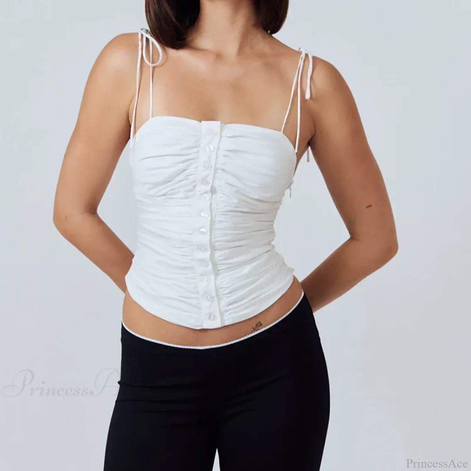 Cutest Backless Summer White Tank Vintage Buttons Ruched Tie-Up Y2K Crop Top - Image 3