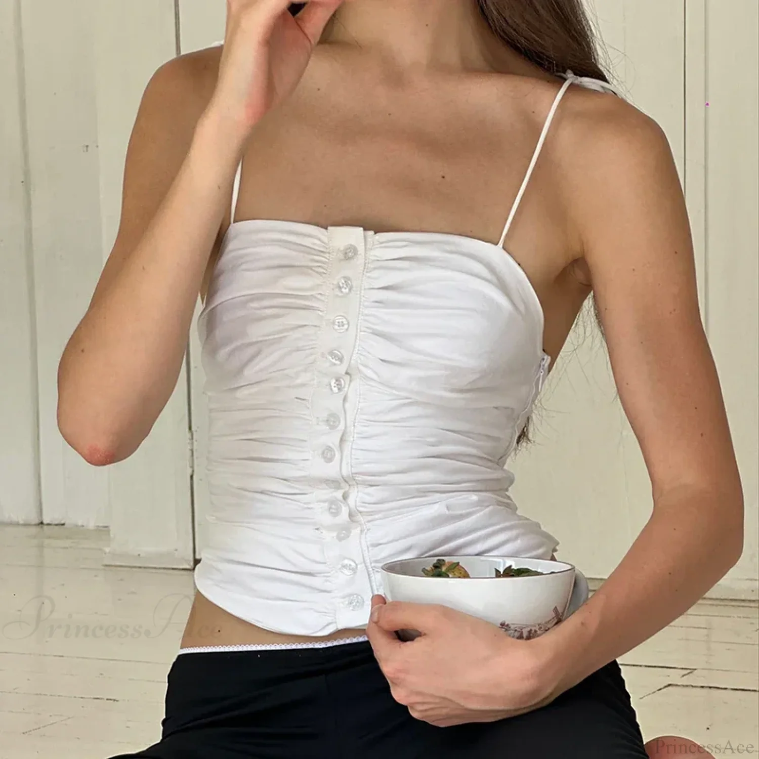 Cutest Backless Summer White Tank Vintage Buttons Ruched Tie-Up Y2K Crop Top - Image 4