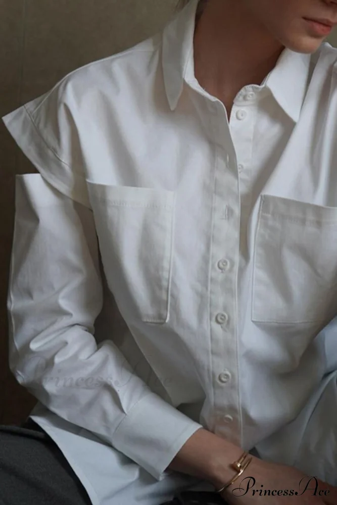 Cutout Long Tops Blouse White with Sleeves - Image 2