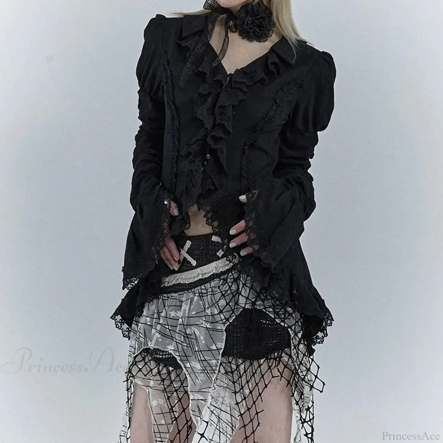 Dark Black Lace Flare Sleeve Shirt - Image 2