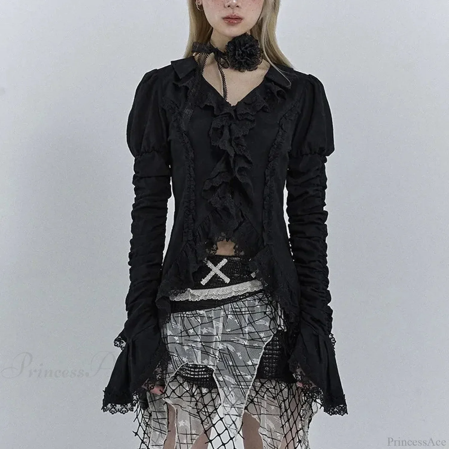 Dark Black Lace Flare Sleeve Shirt - Image 4