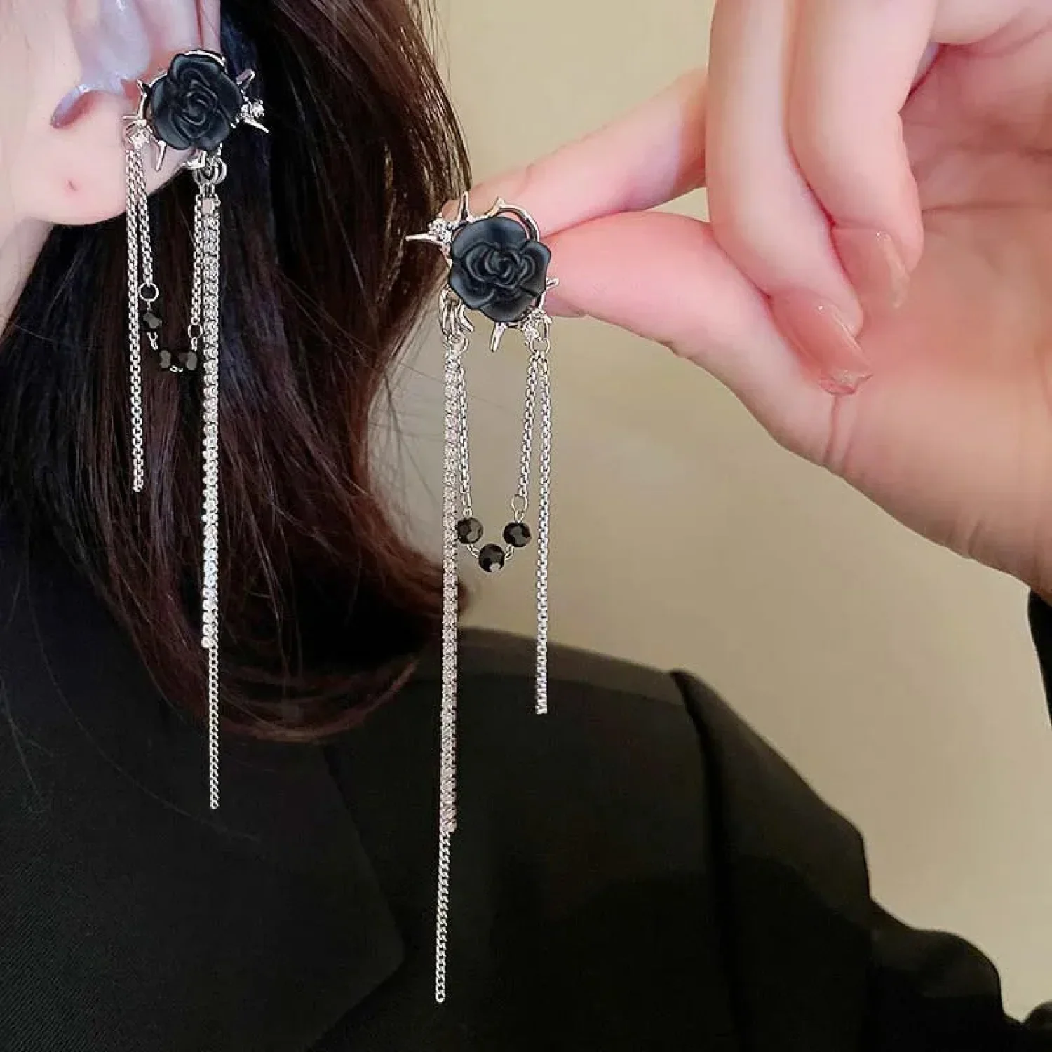 Dark Blossom Fringe Zircon Ear Wrap Earring