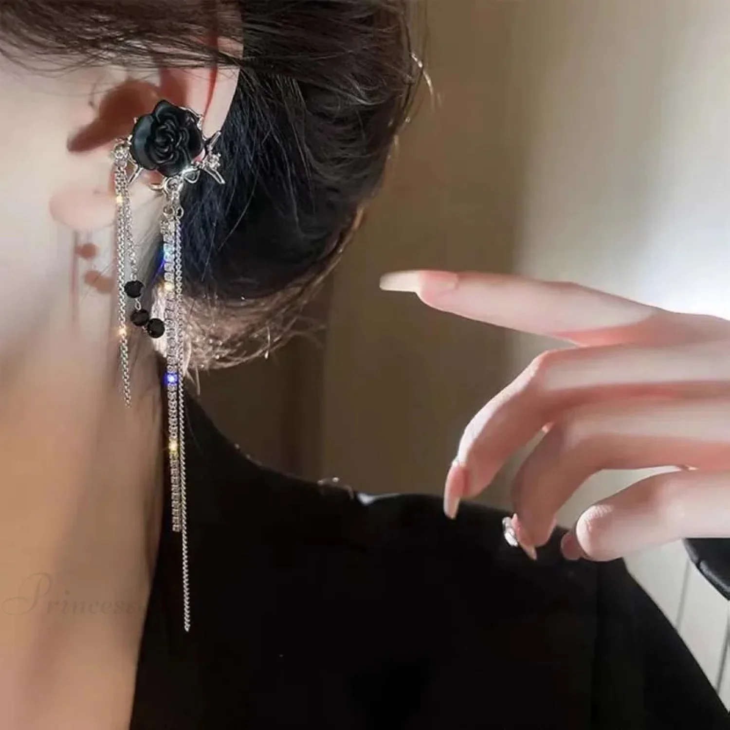 Dark Blossom Fringe Zircon Ear Wrap Earring - Image 2