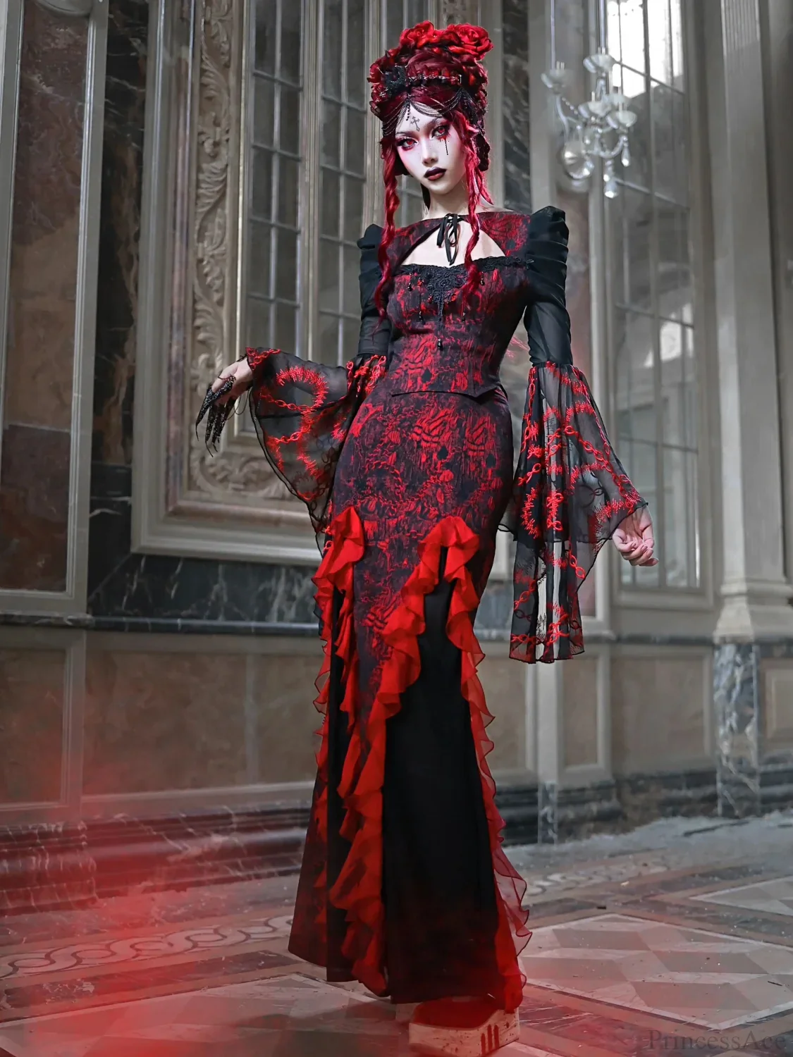 Dark Crimson Ebony Rose Lace Blouse - Image 2