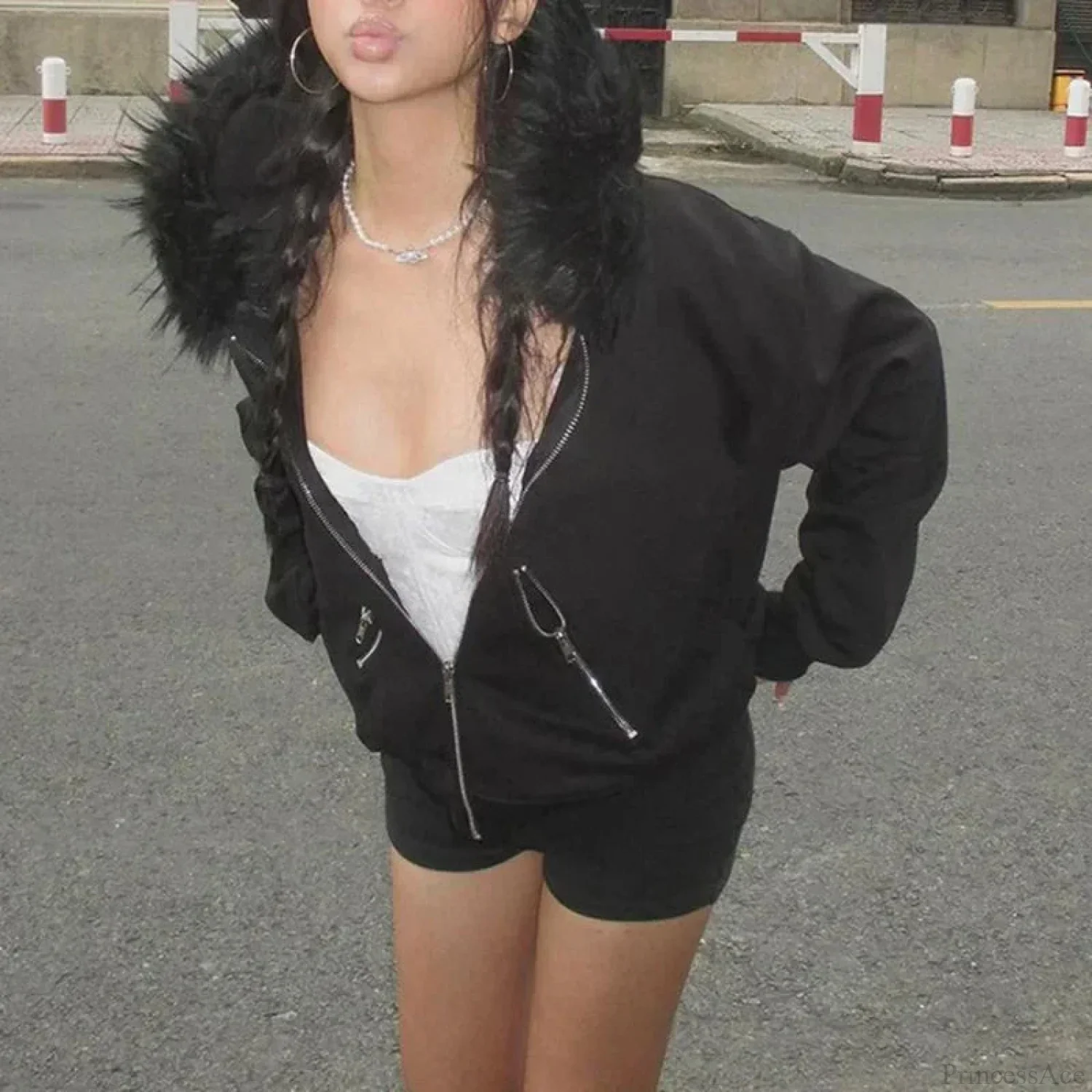 Dark Furry Collar Zip Hoodie - Image 4