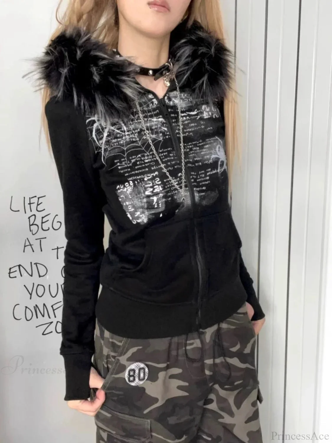 Dark Furry Patchwork Hooded Sweatshirt - Image 2