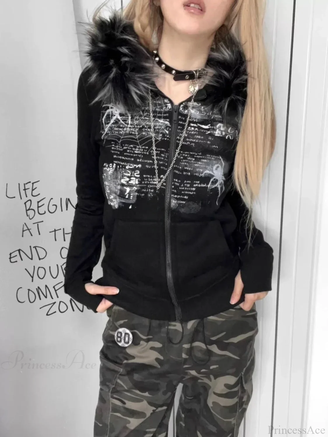 Dark Furry Patchwork Hooded Sweatshirt - Image 3