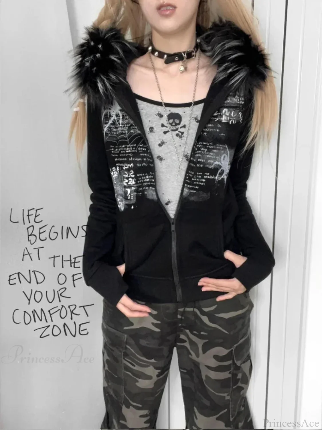 Dark Furry Patchwork Hooded Sweatshirt - Image 4