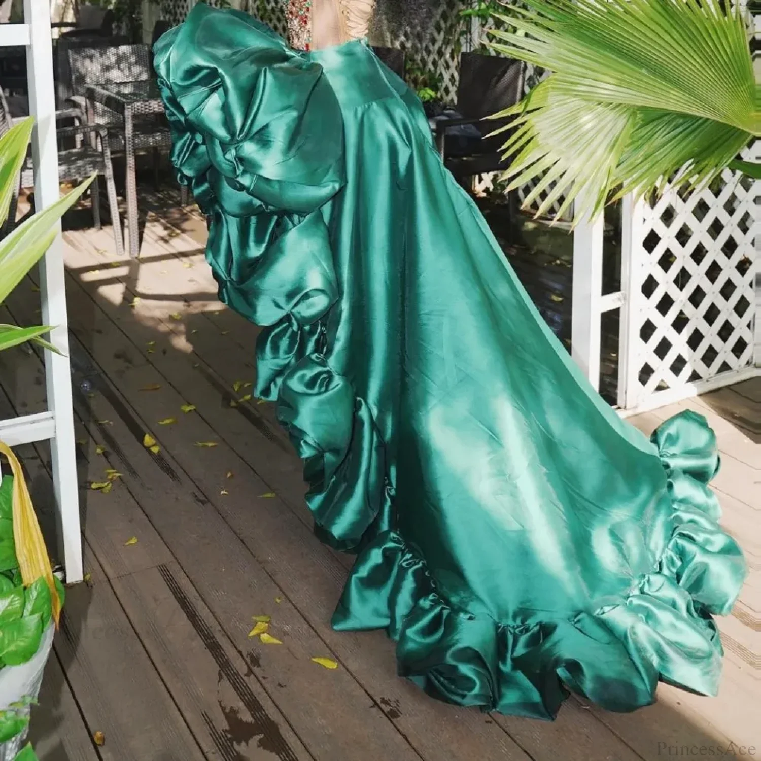Dark Green High Low Skirt Ruffles Big Flowers Formal Wear - Image 2