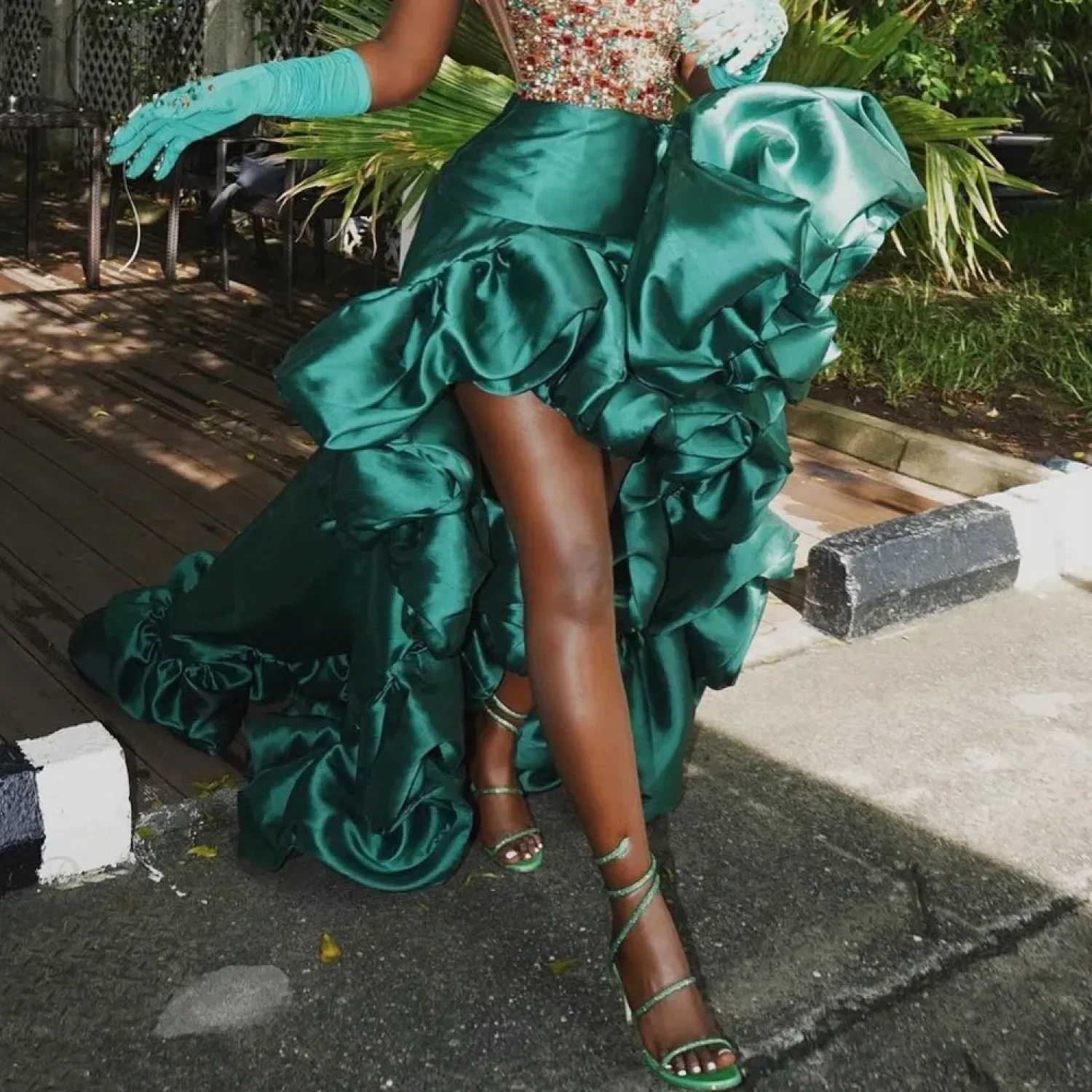 Dark Green High Low Skirt Ruffles Big Flowers Formal Wear - Image 3