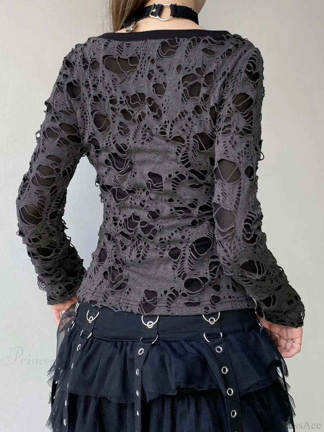 Dark Hollow Out Fake 2 Piece Gothic V-Neck Knit Top - Image 2
